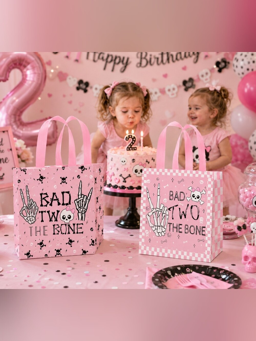 Bad TWO the Bone 2nd Birthday Treat Bags Pink Skull Party Set of 12